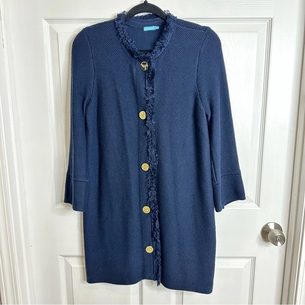 J.McLaughlin Ribbed Knit Navy Button Up longline Cardigan Gold Buttons Medium - Picture 1 of 9